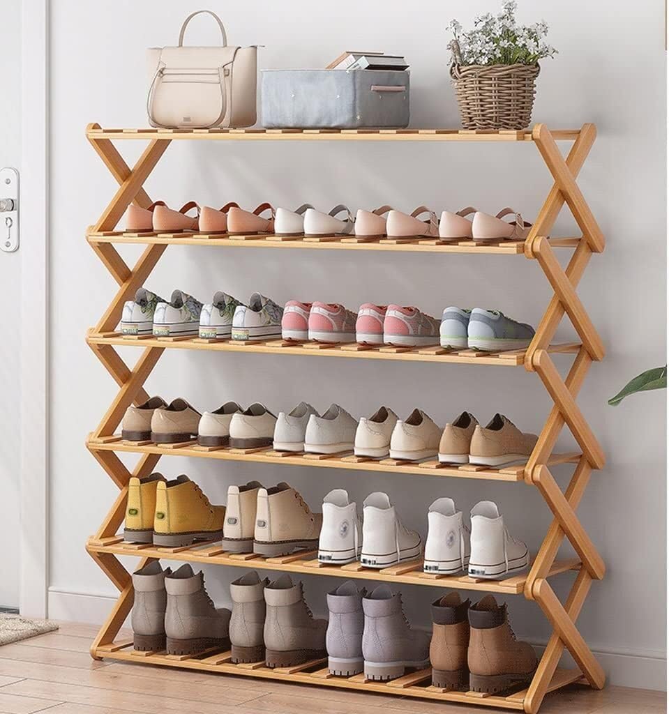 Étagère à chaussures d'entrée pliable 110cm en bambou pour gagner de la place