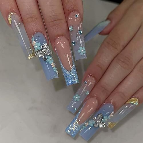 YoYoee Uñas postizas francesas largas con forma de ataúd a presión, uñas acrílicas lindas de mariposa, uñas postizas con margaritas para mujeres y