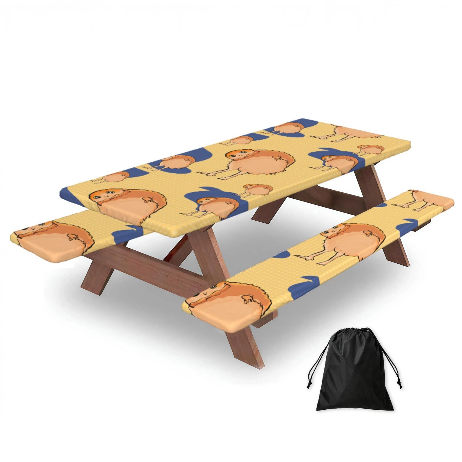 Hhbiuuo Black 72In Camping Table Cover & Bench Covers 3-Pack Set, Crooked Owl Print Tablecloths, For Rectangle Tables Picnic