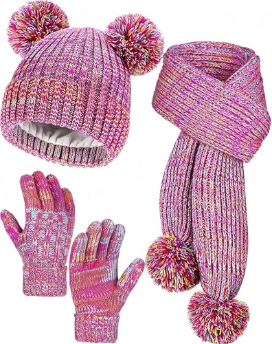 Mckkymi Kids Winter Gloves Hat Scarf Set for Cold Weather, Toddler Children Girls Fleece Lined Knit Pom Pom Beanie, Neck Warmer & Mittens Kids Christmas Gifts for Girls 3 4 5 6 7 8 Years Old - Rainbow