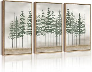 PHOPAGO Green Watercolor Foggy Pine Tree Framed Wall Art Nature Abstract Misty Forests Wall Decor Farmhouse Rustic Paints for Bedroom Kitchen - 11x14in Natural Framed