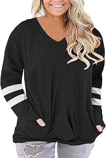 Plus-Size-Tops for Women Long Sleeve V Neck Shirts Oversized Pockets Tunics
