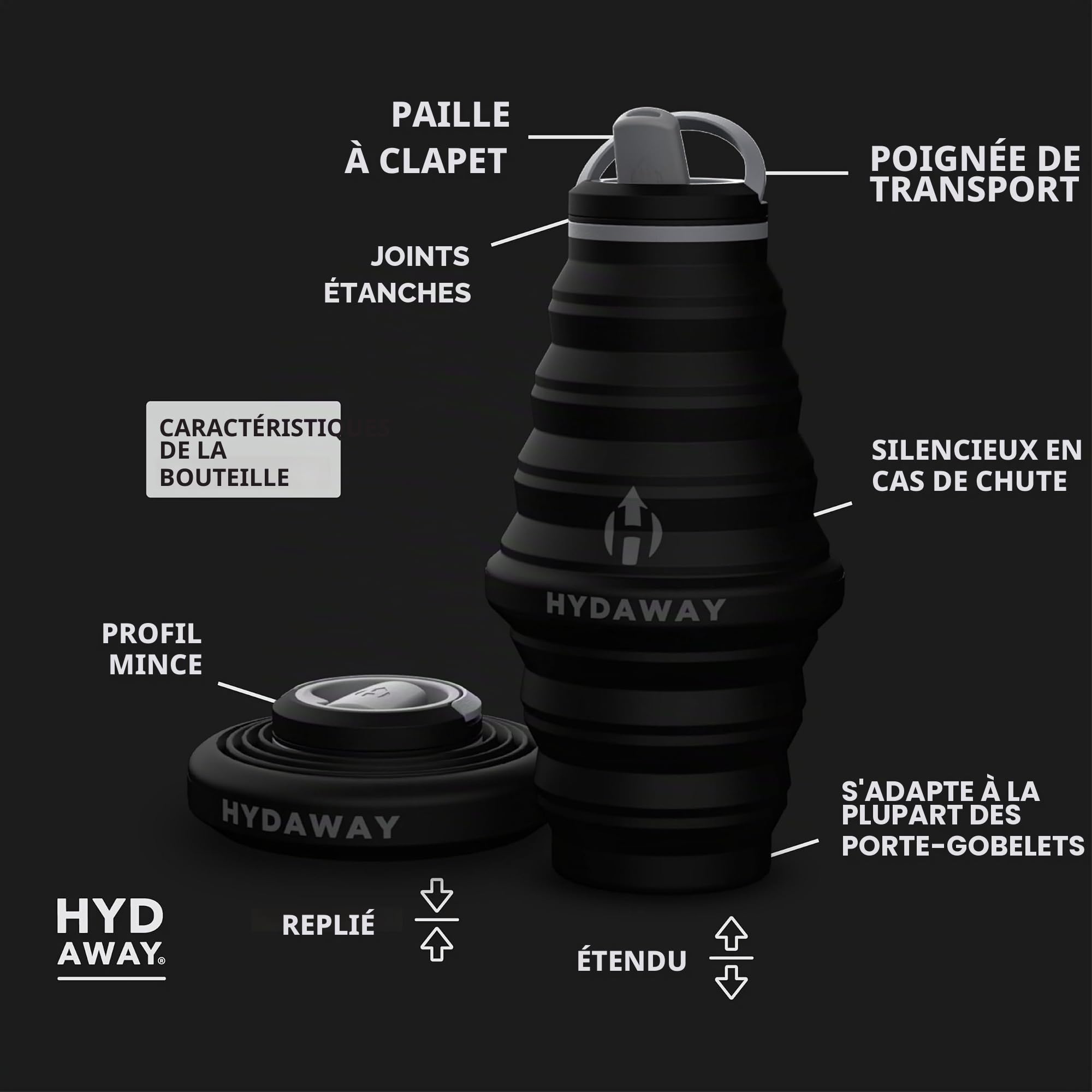 HYDAWAY - Bouteille d'eau pliable, couvercle à rabat, facile à emporter, pratique lors de vos déplacements, silicone de qualité alimentaire, 750 ml