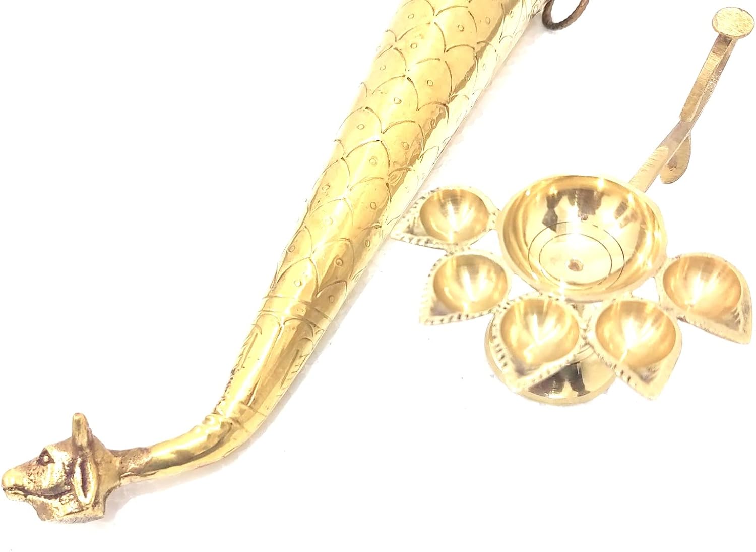 Size 5.5 Inch Pure Brass Panch Deepak Aarti Oil Lamp for Pooja Mandir Diya with a Complete rudrabhishek Size12 to 14 Inch Approx Shankh Stand for Pooja