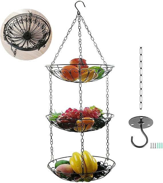 HLTOP 3 Tier Wire Hanging Fruit and vegetables Basket,Heavy Duty Wire Kitchen Organizer with 1 Metal Hook and 1 Chain Extender,Chain Hanging Storage Bowl Perfect for Kitchen and Bathroom(Black)
