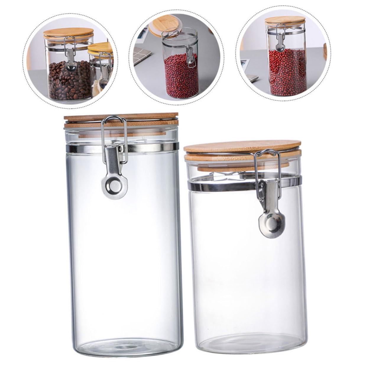 Ipetboom 2 Tarros y Madera para Almacenamiento de Alimentos Tapa de Acero Inoxidable Herméticos de Vidrio 1140ml y 1280ml, Estructura Estable y Prevención de Humedad en Cocina