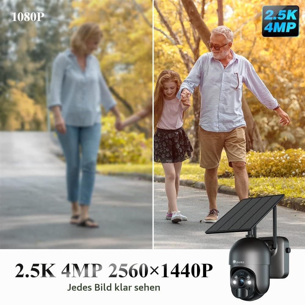 Ctronics 2.5K 4MP Überwachungskamera Aussen mit Solarpanel, 2560×1440P PTZ WLAN IP Kamera Outdoor mit Akku, 355°/95° Schwenkbar, PIR Personenerkennung, Farbige Nachtsicht mit Spotlight, IP66 | 2560×1440P,mit Akku,355°/95° Schwenkbar, PIR Personenerkennung