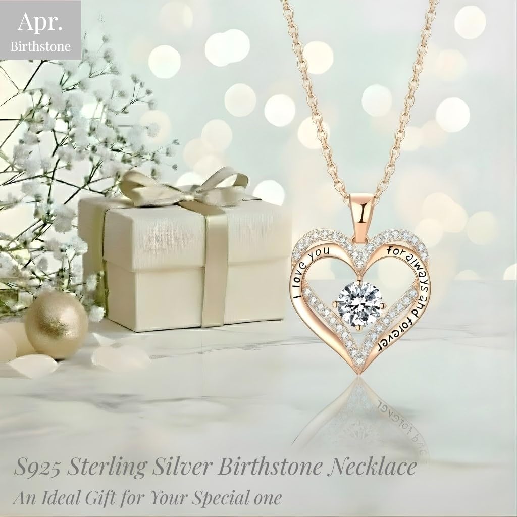 Birthstone Heart Necklace for Women Wife Girlfriend Mom Daughter Gifts S925 Silver Jewelry For Anniversary Rose Gold Gifts For Birthday Christmas Mothers Valentines Day - Image 3