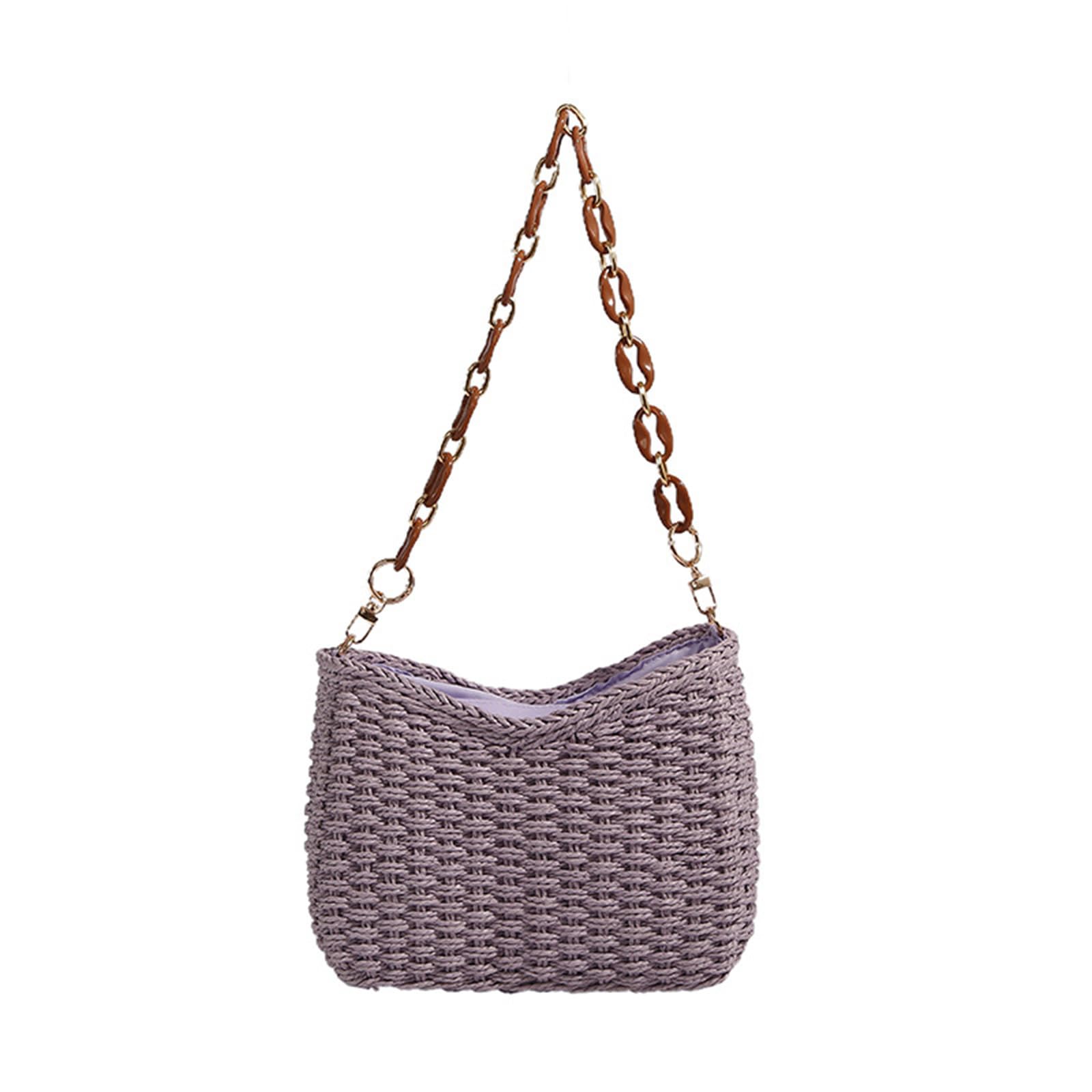CORIOS Damen Gewebte Tasche Sommer Strandtaschen Handgefertigte Strohtasche Böhmische Tote Beutel Retro Schultertasche Handgewebt Basttasche Frauen Handtasche für Reise Urlaub Strand Lila