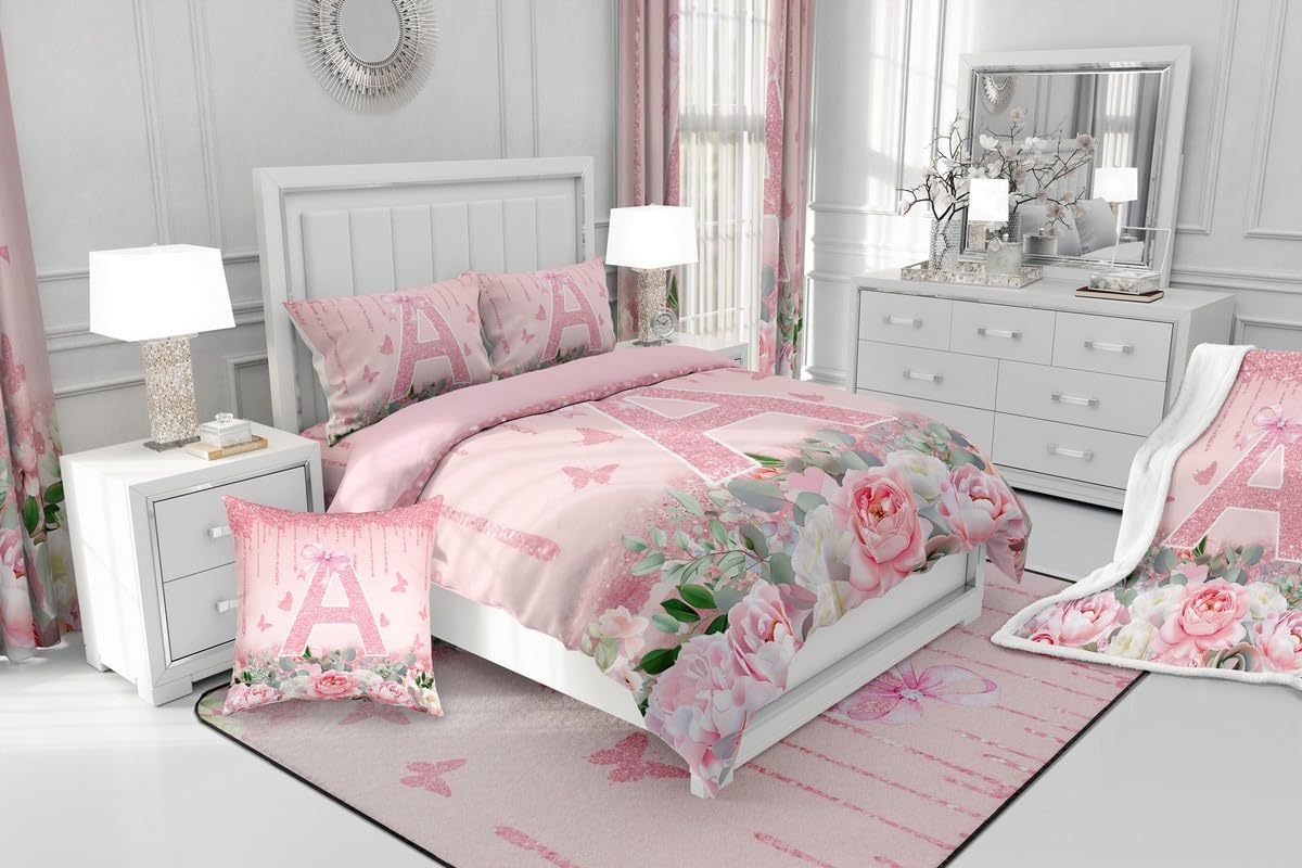 jejeloiu Pink Rose Gold Duvet Cover for Kids Boys Girls,Toddler,Pink Bow Bedding Set,Personalized Letter A Comforter Cover,Rose Gold Theme Bedspread Cover,Monogrammed Bedroom Decor,No Comforter