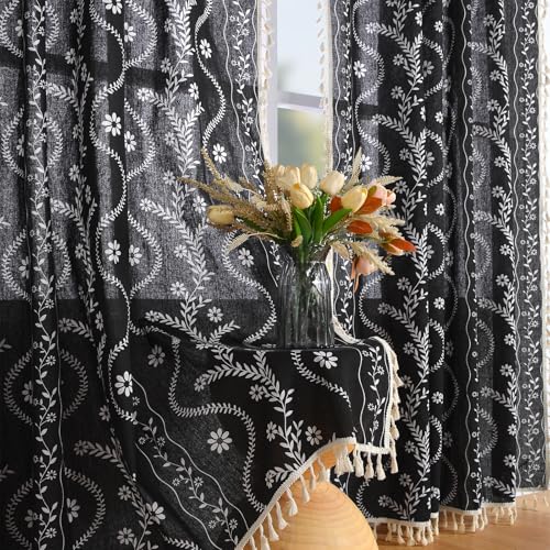Image of Schweek Boho Tassels Curtains 63 Inches Long 2 Panels for Living Room Black