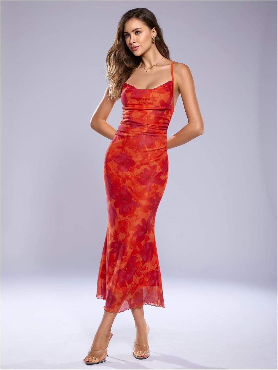 SOLY HUX Women's Floral Mesh Bodycon Cami Dress Cowl Neck Sleeveless Cocktail Party Wedding Guest Long Maxi Dresses