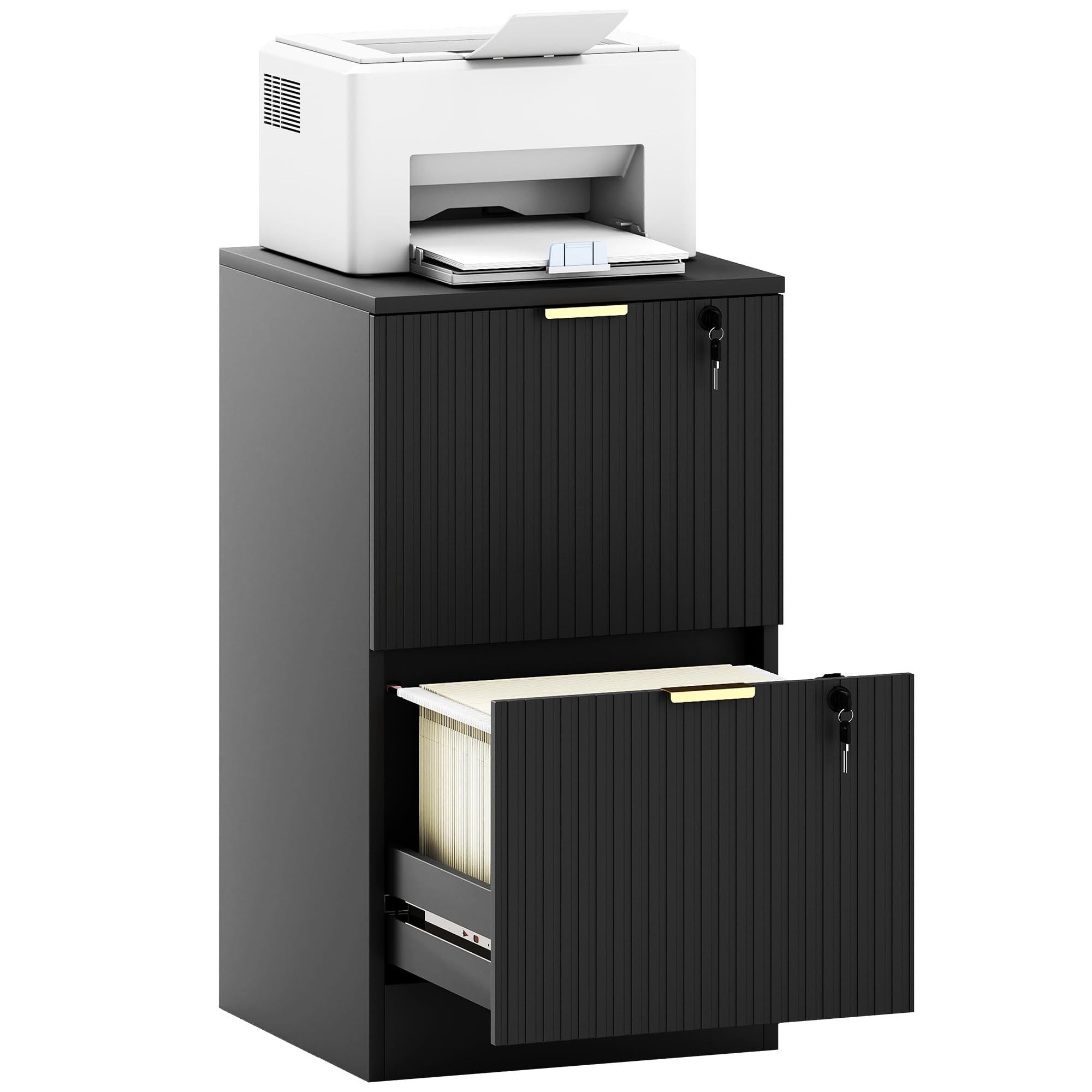 HOMCOM 2 Drawer Filing Cabinet, Fluted Vertical File Cabinet with Lock and Adjustable Hanging Rails for A4 and Letter Size Files, Printer Stand with Storage, Black
