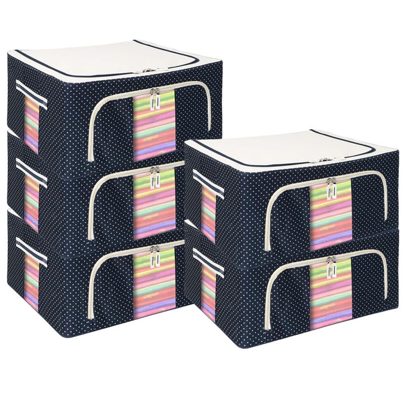 Image of Clothes Storage Box Wardrobe Organizer For Clothes 24 Liter Foldable Steel Frame Clothes Organizer Storage Box For Wardrobe, Saree, Shirts, And Blankets Pack Of 5