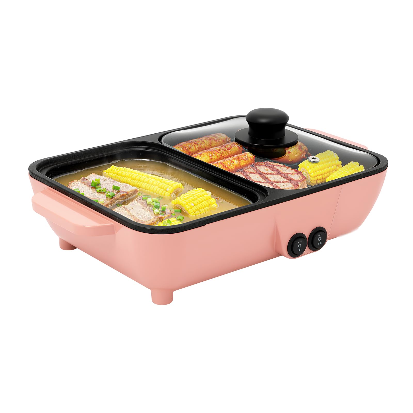 Hot Pot with Grill,1200W Electric Hot Pot and Frying Pan,2 in 1 Non-Stick Pot with Grill,Dual Temperature Control,with Clear Lid, Fast Heating for BBQ Steaks Noodles 110V (Pink)