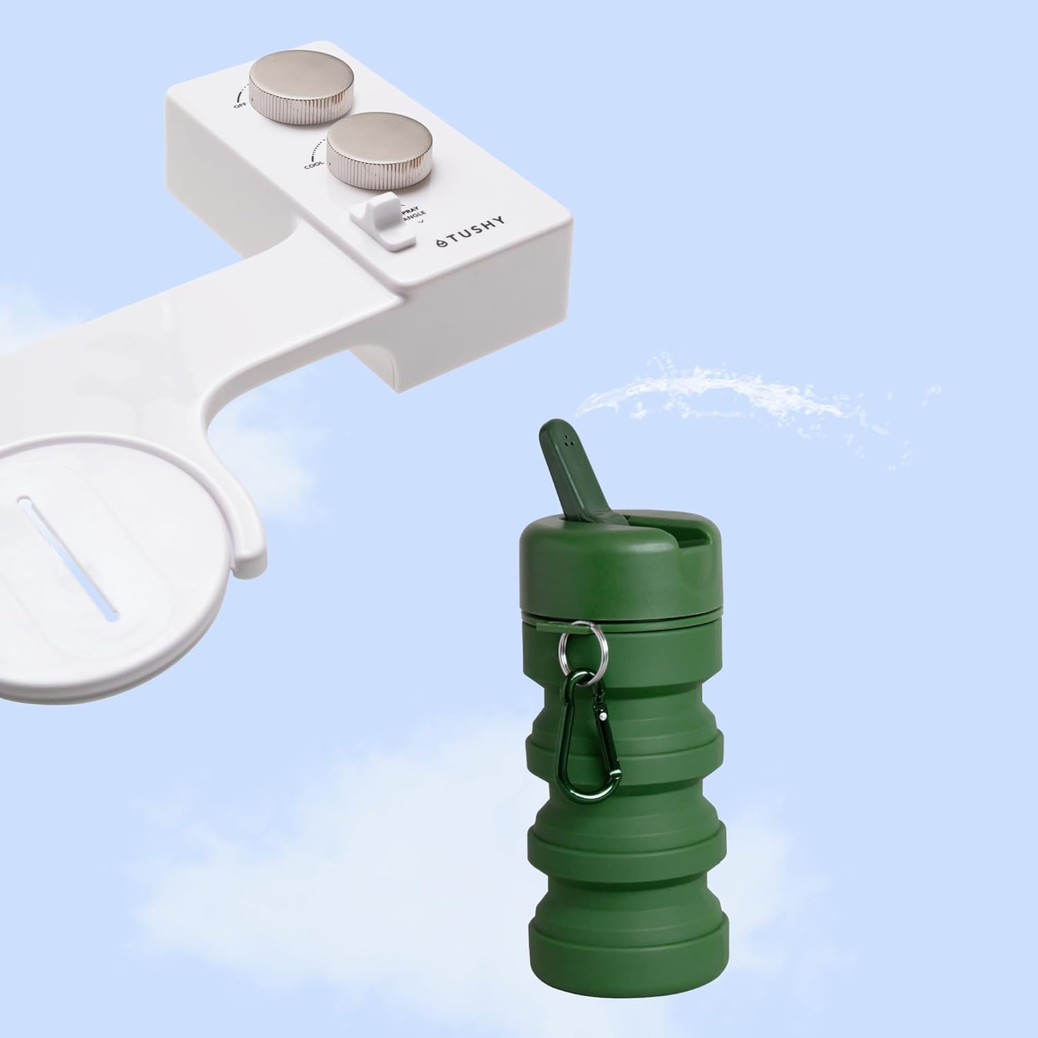 TUSHY Spa Brushed Nickel Bidet & Evergreen Travel Bidet Bundle