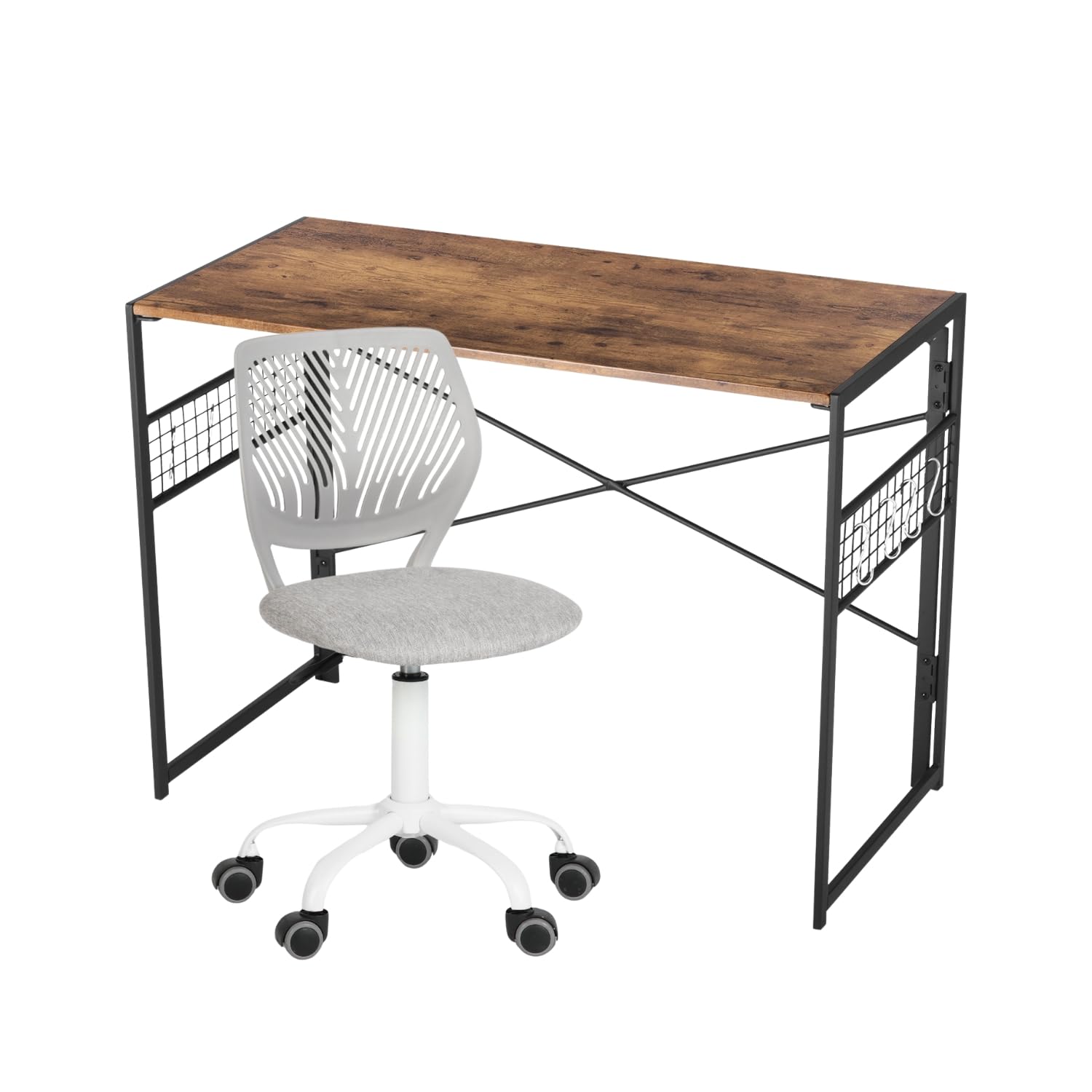 HOMYLIN Bürostuhl & Tisch Set, Study Klapptisch mit Gitter und 8 Haken, Ergonomischer Höhenverstellbarer Drehstuhl, für Jugendliche und Erwachsene (Hellgrau)