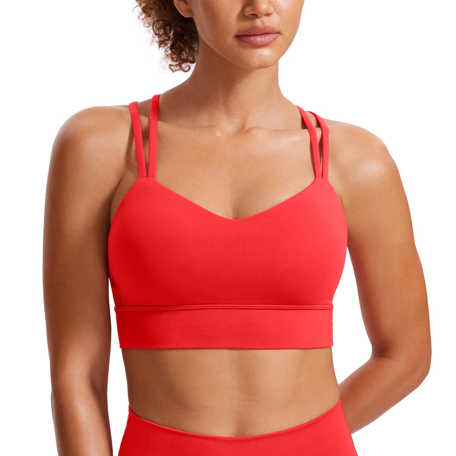 Crz Yoga Women's Deep Red Butterluxe Strappy Sports Bra Molded A-D Cup Criss Cross Yoga Bra Padded Longline Workout Crop Top S