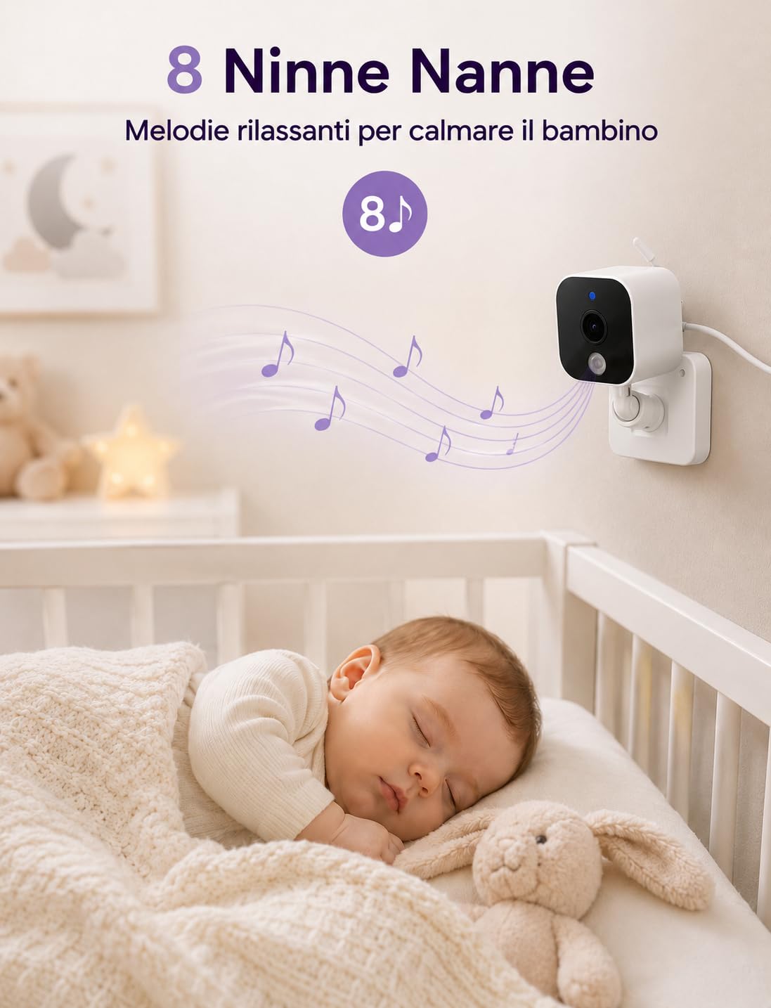 BURNNOVE Baby Monitor con Telecamera, 2000mAh Schermo IPS 2.8" 720P, Visione Notturna, Zoom, Audio Bidirezionale, Modalità VOX, Sensore Temperatura, Ninne Nanne, Connessione FHSS 2.4GHz