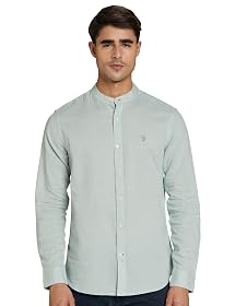 U.S. Polo ASSN. Men's Solid Cotton Linen Mandarin Collar Full Sleeve Shirts (USSHTO4122_ME. Green_XL)