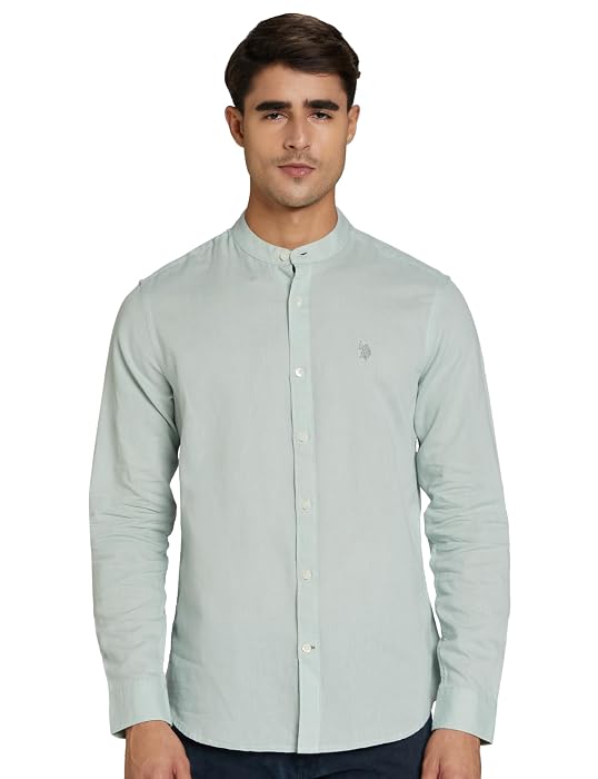 U.S. Polo ASSN. Men's Solid Cotton Linen Mandarin Collar Full Sleeve Shirts (USSHTO4122_ME. Green_XL)