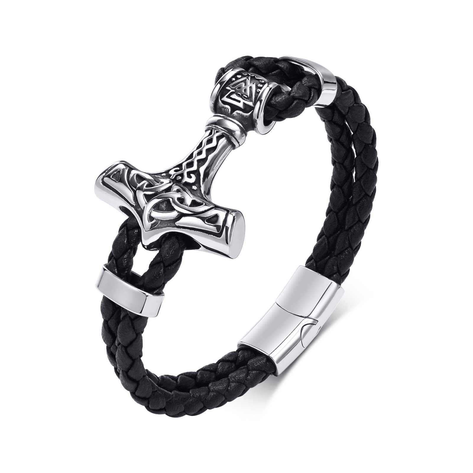 VNOXViking Bracelet for Men - Genuine Leather Braided Viking Bracelets Vintage Thor's Hammer Wrap Cuff Wirstband Bracelets,Viking Jewelry for Men