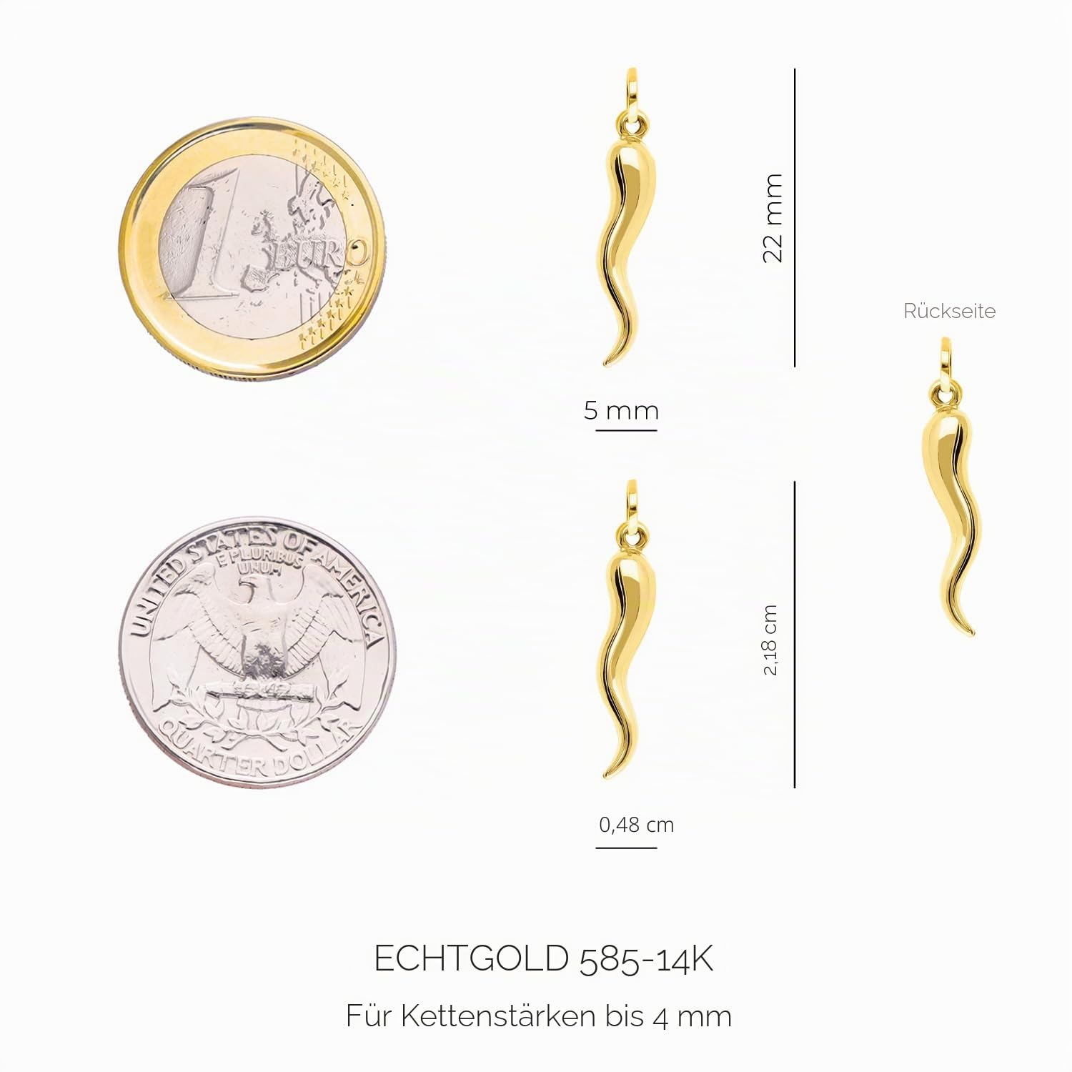 forme di Lucchetta - Gold Chili Anhänger | Italienisches Horn Glücksbringer | 14 karat Gelbgold Charm für Armbänd und Halskette