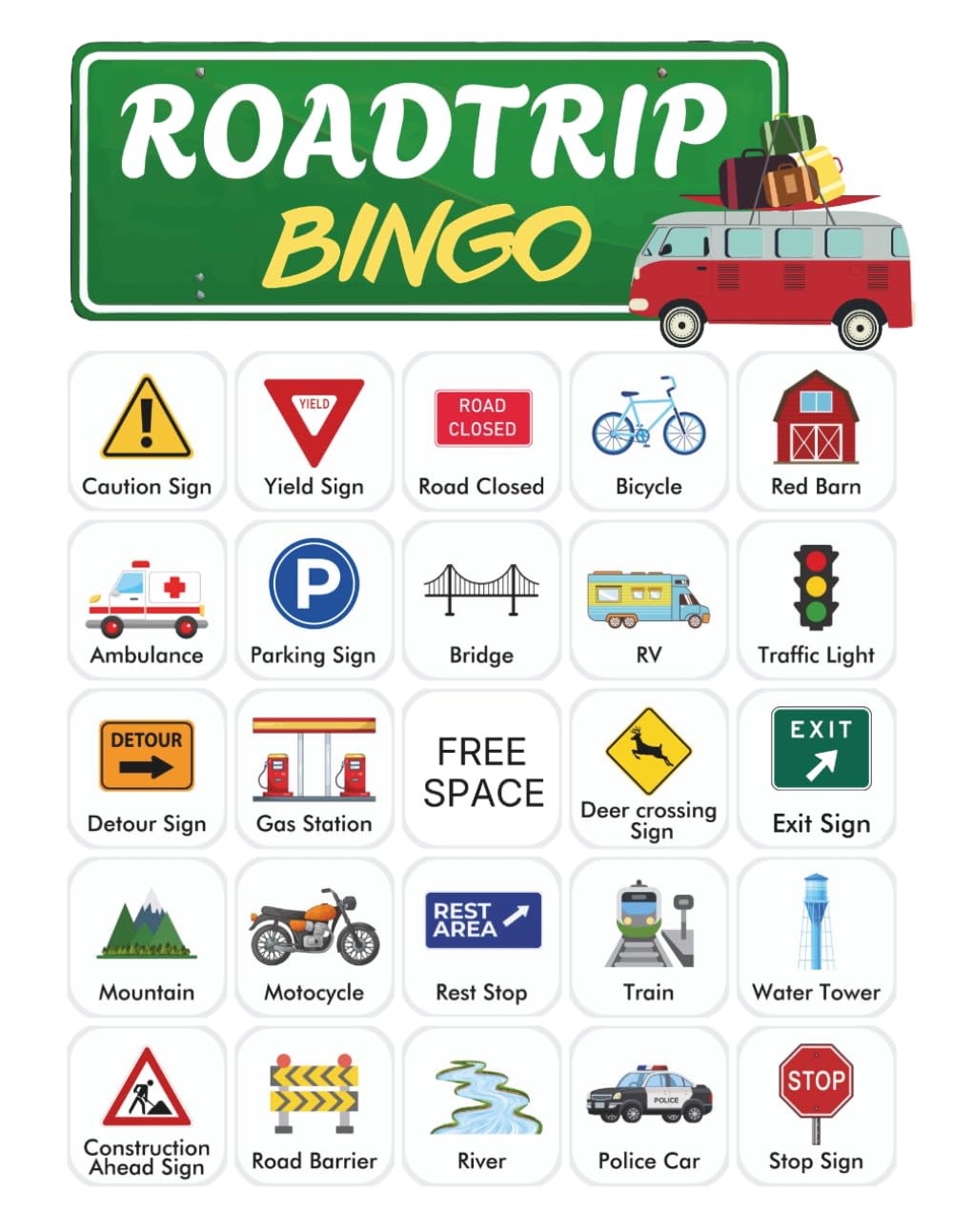 Road Trip Bingo: 32-Player Travel Car Games for Family Vacations, RV Camping Trips, Kids' Road Trip Activity, Road Trip Game