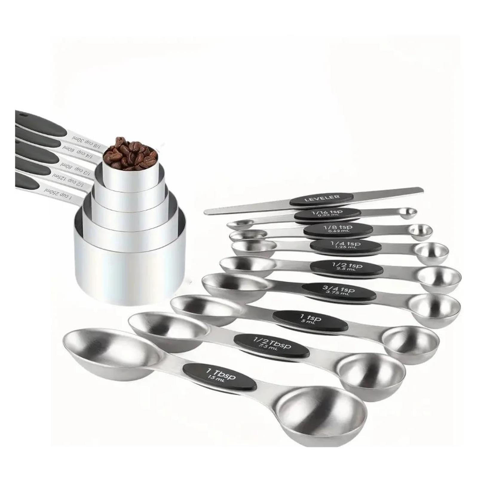 Set de 14 tasses et cuillères doseuses en acier inoxydable
