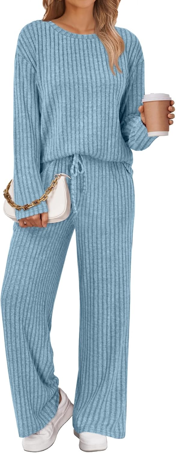 LILLUSORY Womens Lounge Sets 2 Piece Matching Pajamas Fall Fashion 2026 Ribbed Knit Outfits Long Sleeve Casual Sweatsuits