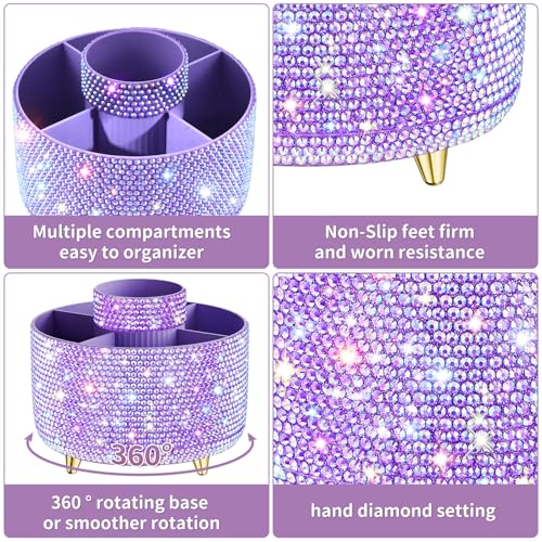 Image of fanado Bling 360 Rotate Makeup Brush Holder Organizer, Makeup Organizers Countertop, Makeup organization and Skincare Storage for Vanity, Gift for Women Girls (Bling dz-Purple)