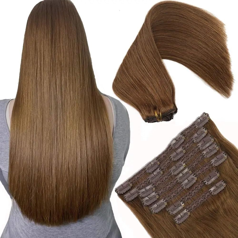 Extensiones de cabello de moda Extensiones de cabello humano Remy con clip for mujer, sedosas y lisas, 120 g Suaves(#2,18inches)