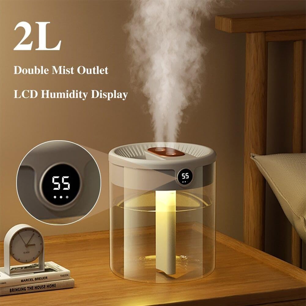 Humidificador de aire de doble boquilla con monitoreo de humedad en tiempo real con humidificadores de escritorio de gran capacidad de 2 L, humidificador silencioso, humidificador de