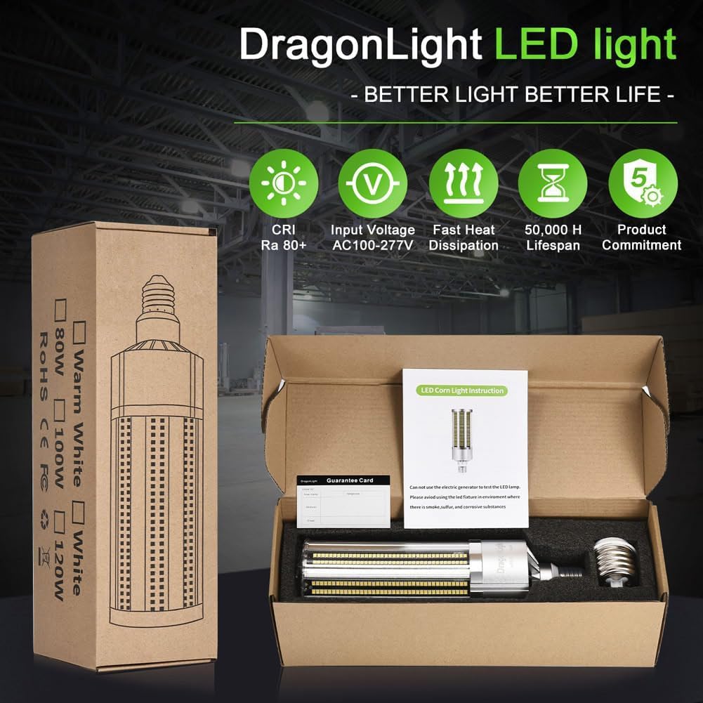 DragonLight Neueste 100W Superhell Mais Licht LED Glühbirne Lüfterlos(Ersetzt 700Watt) - E27 LED Lampe mit E40 Adapter - 5000K Kaltweiß 12,000 Lumens - Gut für geschlossene Leuchten