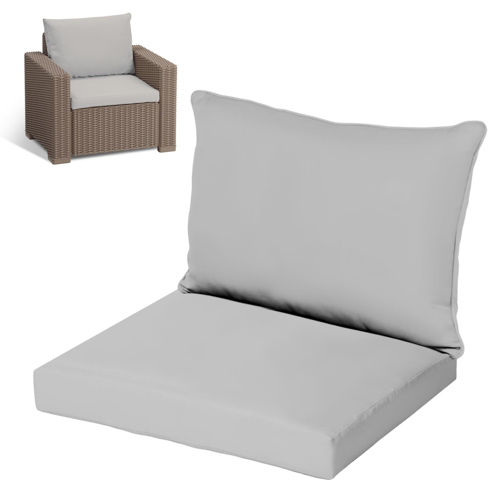 KISAA Living Replacement Rattan Cushion Seat Pads, 2-Piece Armchair Set (1 Seat Pad, 1 Back Cushion), Water Resistant Outdoor Patio Garden Furniture Seating (Grey, For Armchair)