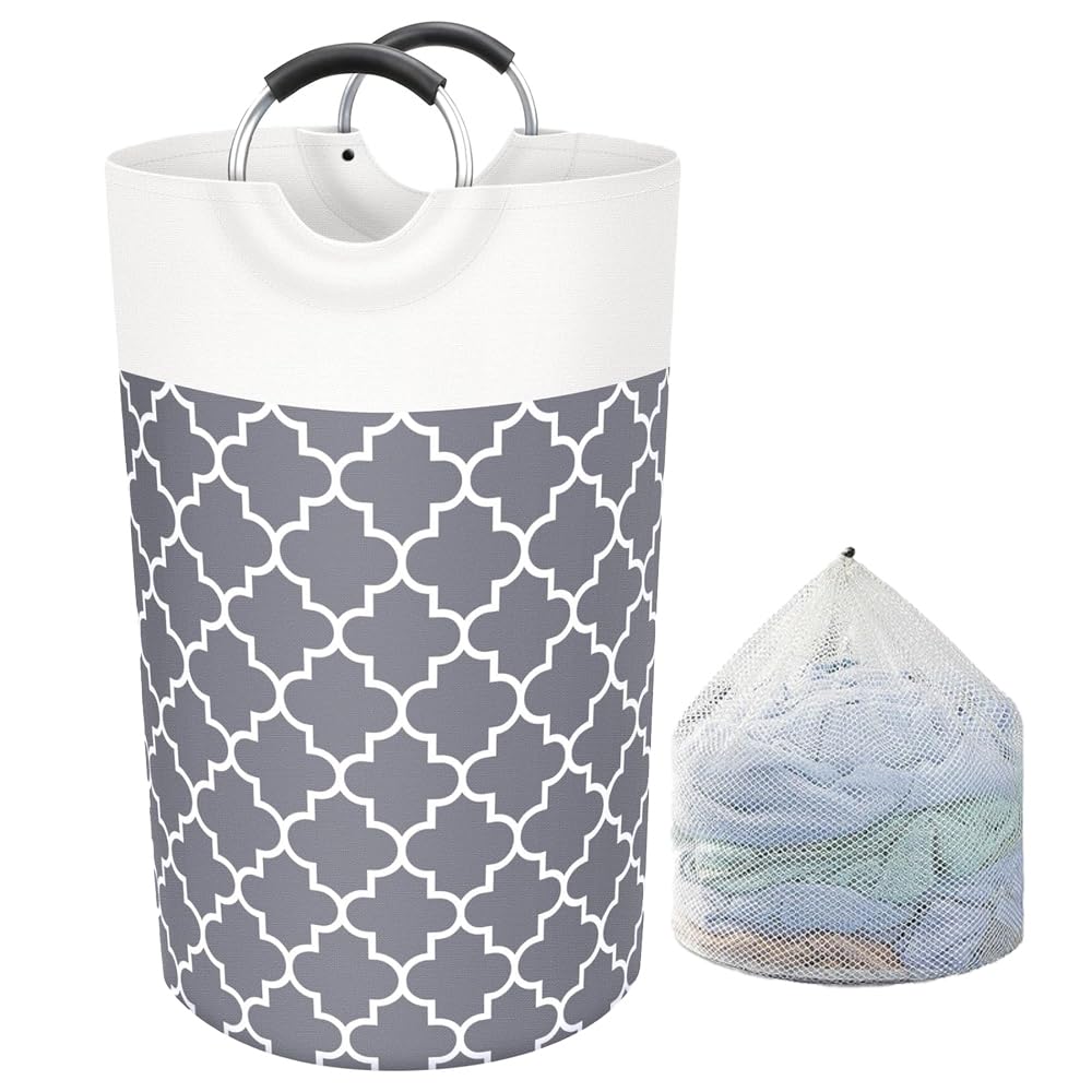 CLOUDFOUR Laundry Basket, 82L Large Laundry Bag & Mesh Washbag, Foldable Clothes Hamper with Carry Handles, Space Saving Clothe Storage Bin, Storage Bag for Clothes & Toys (Grey Round)
