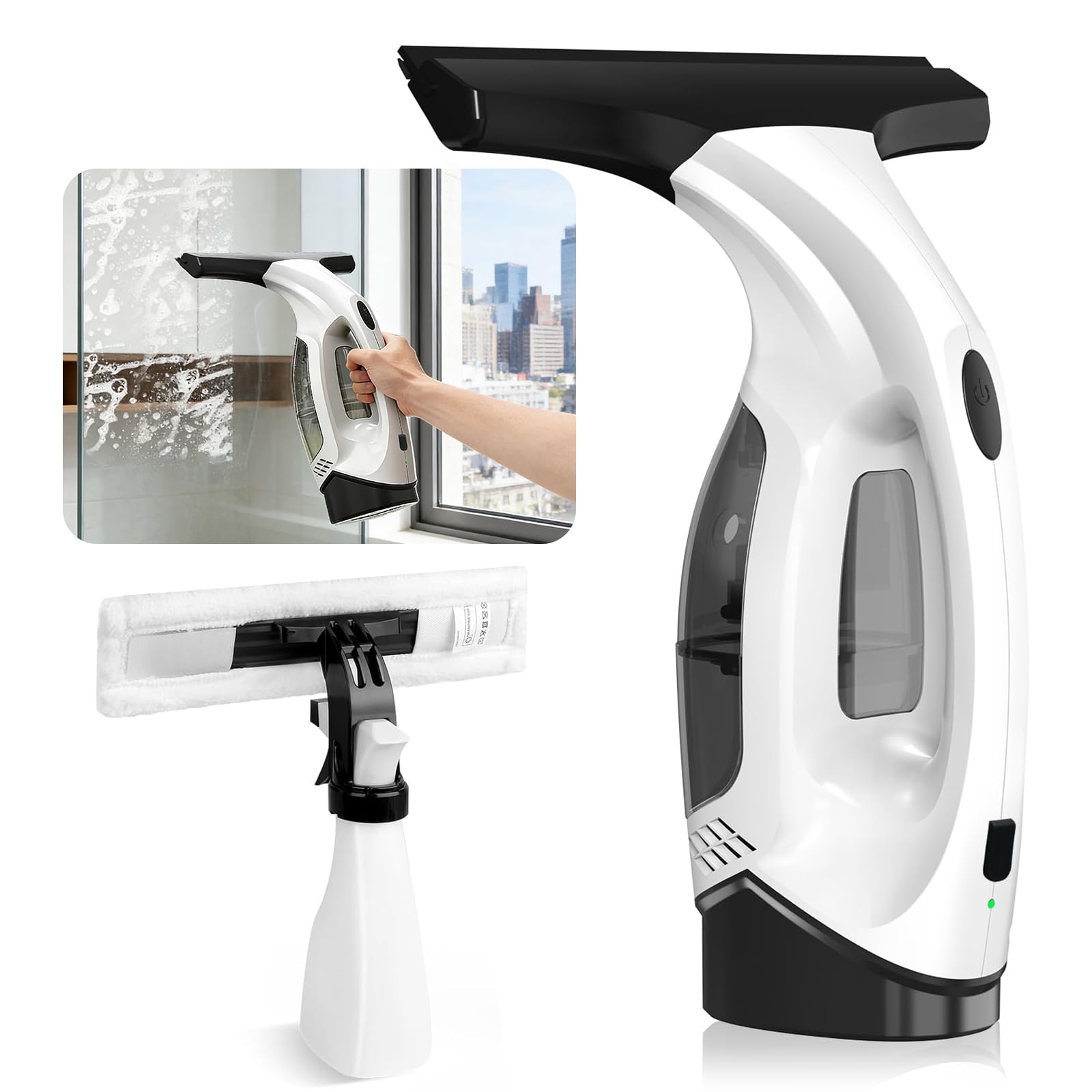 Aspirateur à Vitre sans Fil, Nettoyeur Vitre Électrique Portable avec Bouteille Spray et Chiffon Microfibre pour Fenêtres, Miroirs, Carrelage – Aspiration Puissante 2000Pa, Autonomie 40min