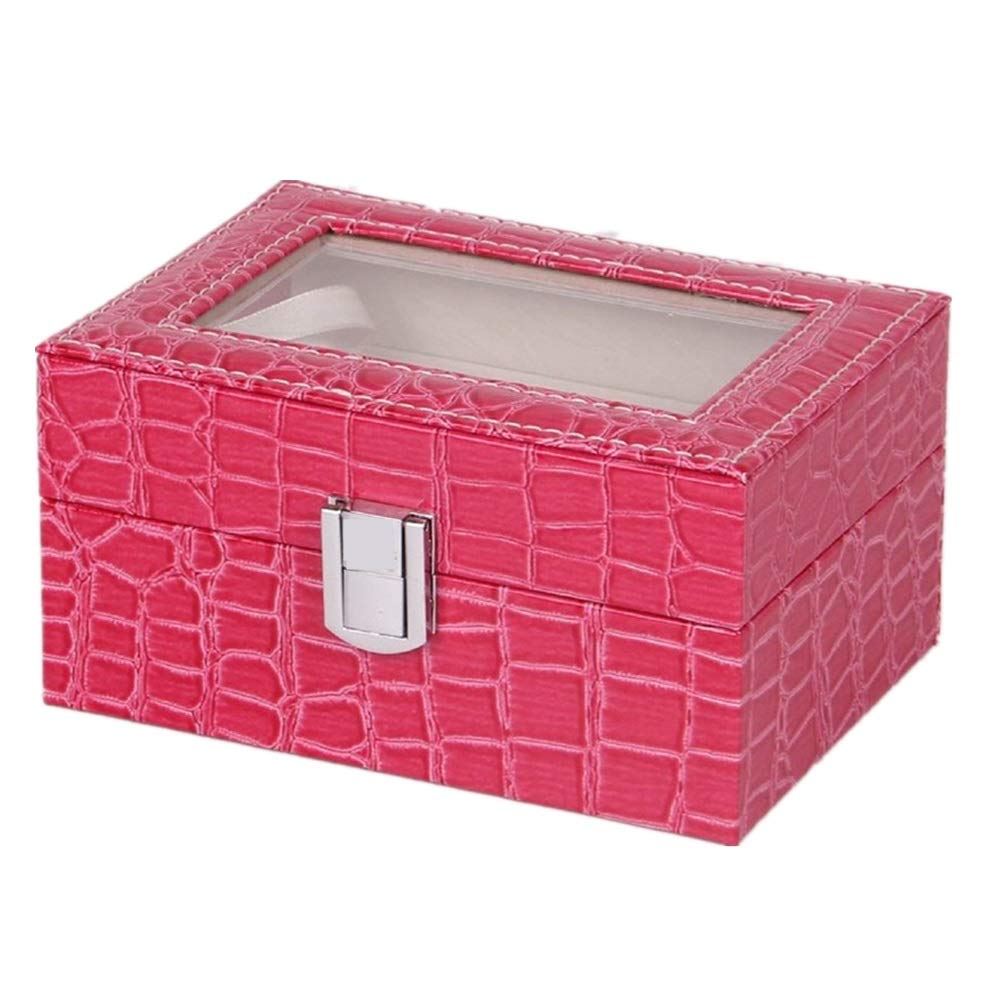 DUMRALBQE Watch Boxes Faux Leather Watch Storage Display Box Transparent Window Metal Buckle 3 Slots for Storage and Display(Rose red)