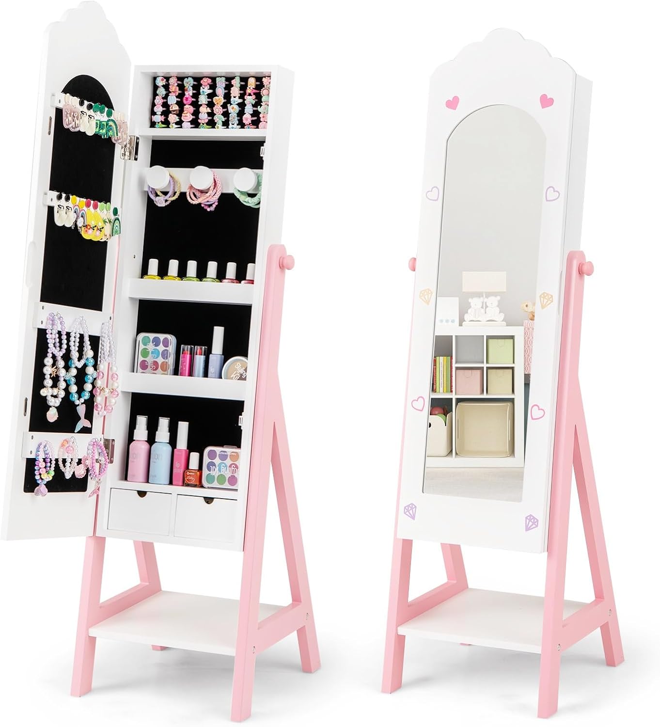 CHARMAID Kids Jewelry Organizer with Full Length Mirror, Standing Jewelry Armoire with Drawers and Storage Shelves, Kids Dress Up Mirror Jewelry Cabinet for Girls Gift (White)