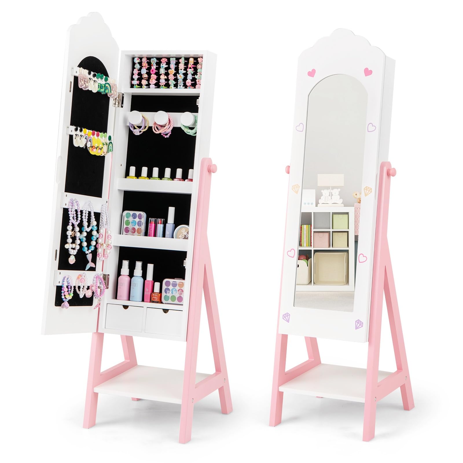 CHARMAID Kids Jewelry Organizer with Full Length Mirror, Standing Jewelry Armoire with Drawers and Storage Shelves, Kids Dress Up Mirror Jewelry Cabinet for Girls Gift (White)