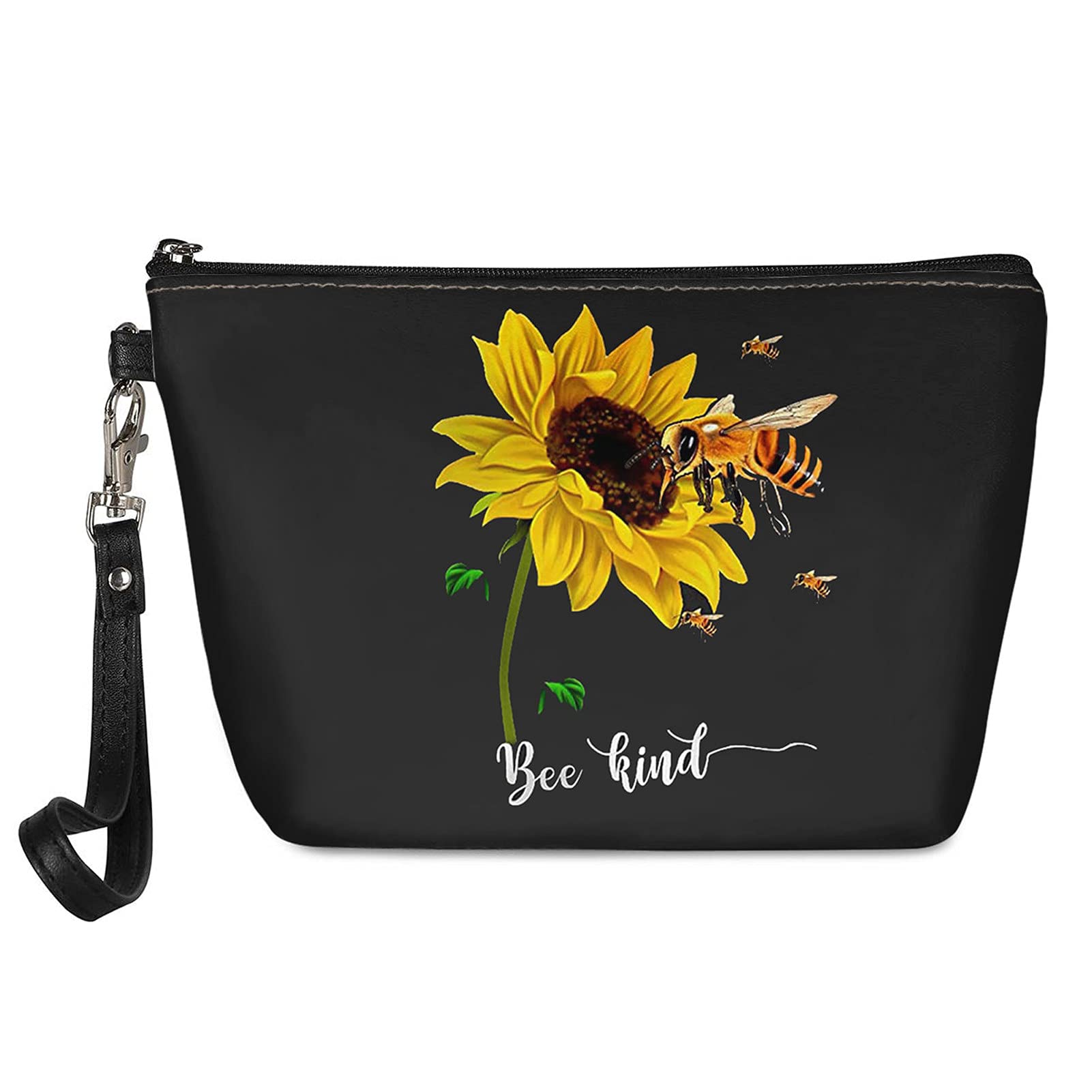 Showudesigns Black Makeup Bag Sunflower Bee Travel Cosmetic Storage Organizer with Removable Handle Toiletry Bag Clutch Bee Kind