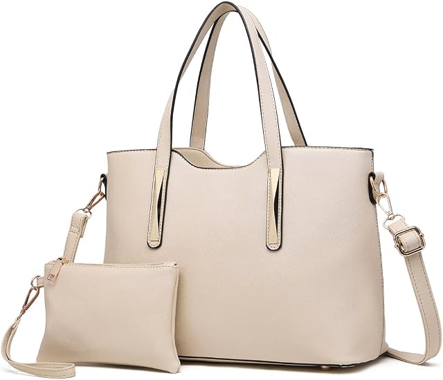 Miss Lulu Leather Tote Handbags for Women Ladies Top Handle Bag Laptop Shoulder Bag Set Large Capacity Beige