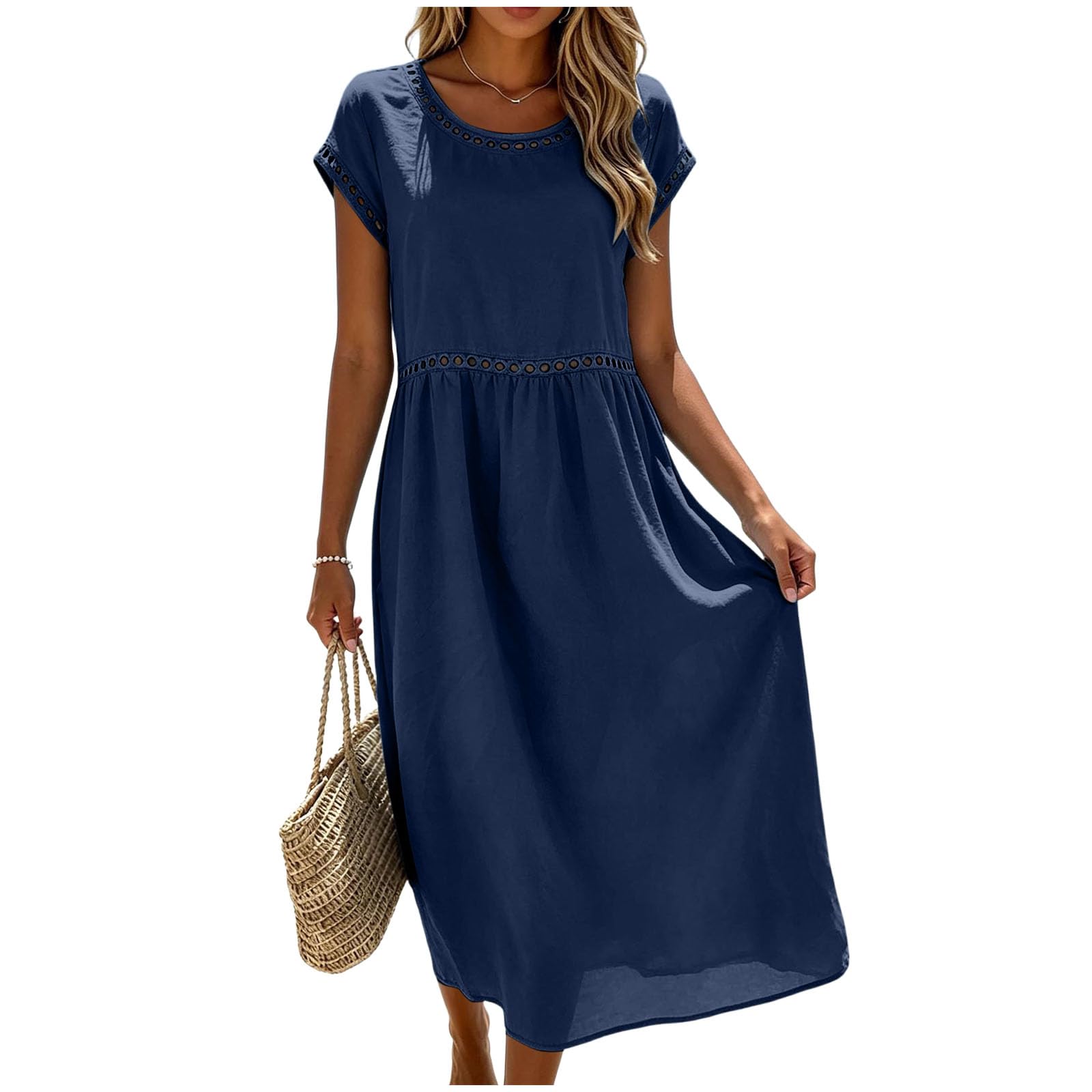 Abito Lino Donna Abito Estivo a Maniche a 3/4 Vacanza Comodo Taglie Forti Vestito Lungo in Cotone Scollo a V Largo Vestiti da Spiaggia Vestito Boho Chic Ideale per vacanze, lavoro e uso quotidiano
