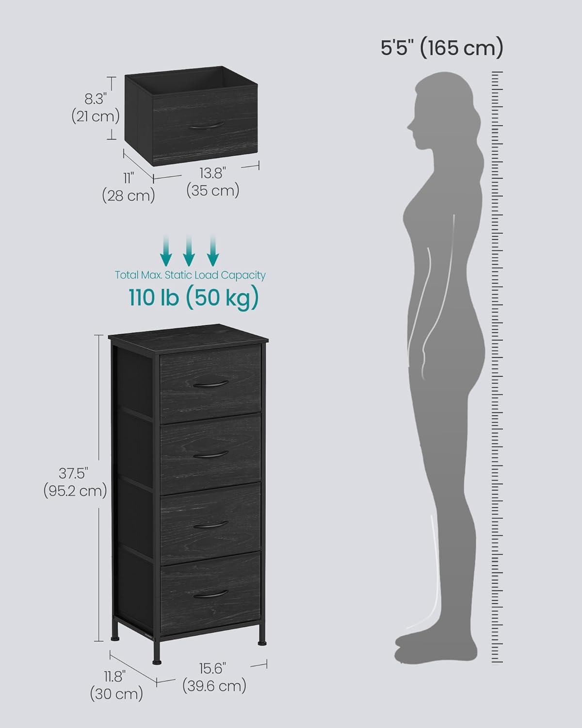 songmics bellah collection - dresser for bedroom, chest of drawers, storage organizer unit, closet, entryway, steel, 4 drawers, modern, ebony black ulgs314be02s ebony black 11.8"d x 15.6"w x 37.5"h (4 drawers)