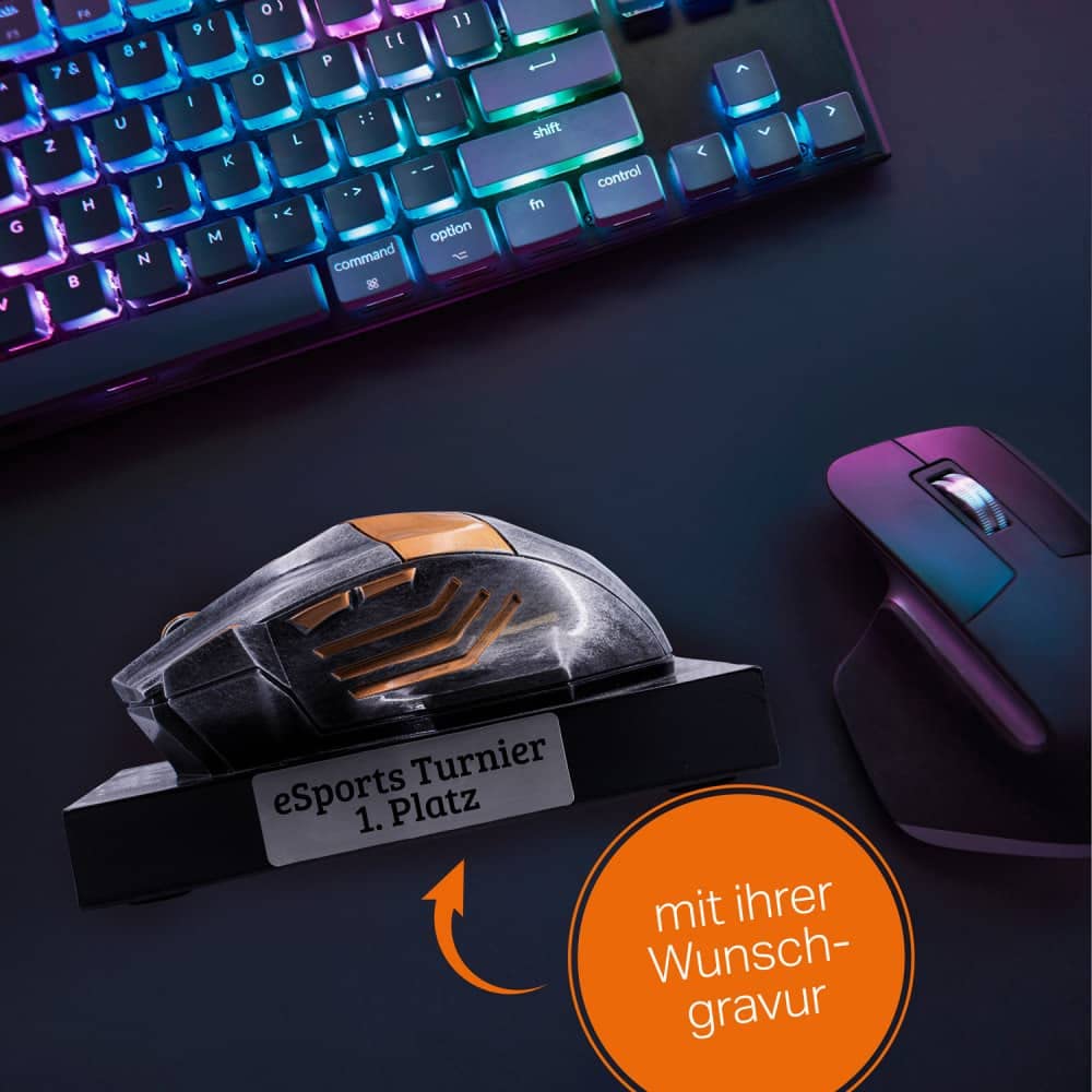 Deitert Esports Pokal mit Gravur, Maus Gaming Controller mit Wunschtext, Gamer Deko, Trophäe mit Gaming-Emblem nach freier Wahl - individuelle und personalisierte Geschenkidee