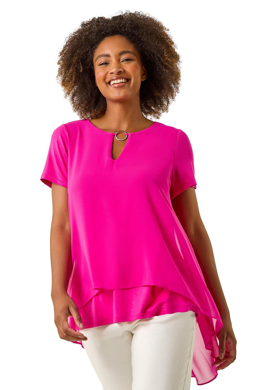 Roman Women's Cerise Ring Front Chiffon Overlay Top In | : Size 10