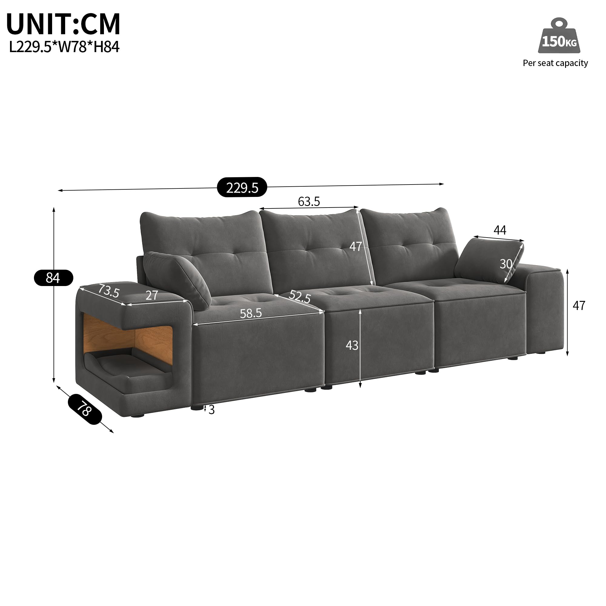 Moimhear Divano modulare moderno a 3 posti, braccioli larghi, contenitore (grigio)