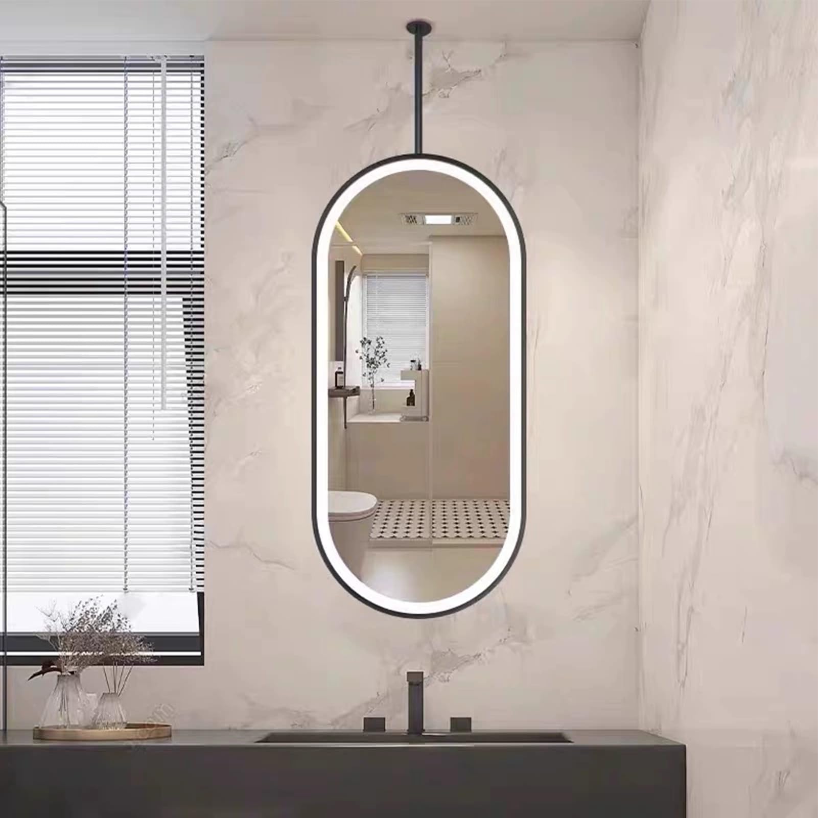 Owalne lustro ścienne i sufitowe idealne do łazienki dla gości WC salonu wejścia toaletka regulowany uchwyt sufitowy czarny metal (40 x 60 cm)