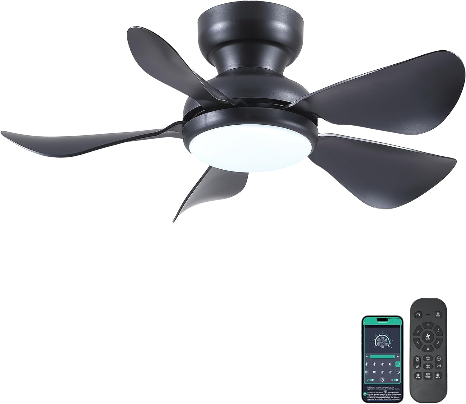 32 Inch Modern Ceiling Fans with Lights, Small Flush Mount Ceiling Fan with Light and Remote/APP Control, 5 Reversible 6 Speeds Curved Blades, 3 CCT Dimmable Lights for Bedroom, Black