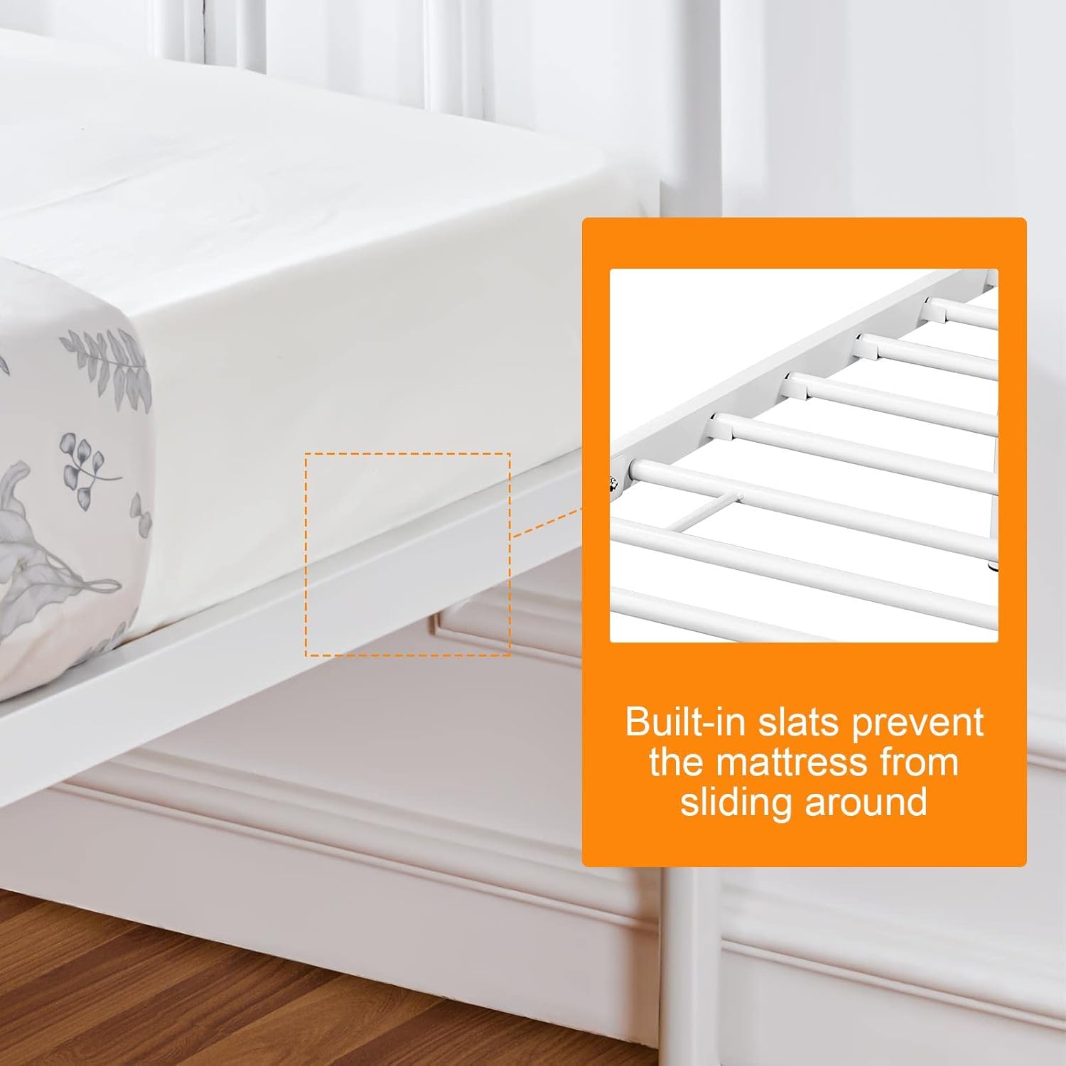 Close-up of built-in slats designed to prevent mattress sliding.
